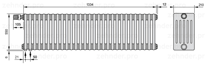 Схема (чертеж) Радиатор Zehnder Charleston 6055/29 №V001 Белый глянцевый RAL 9016